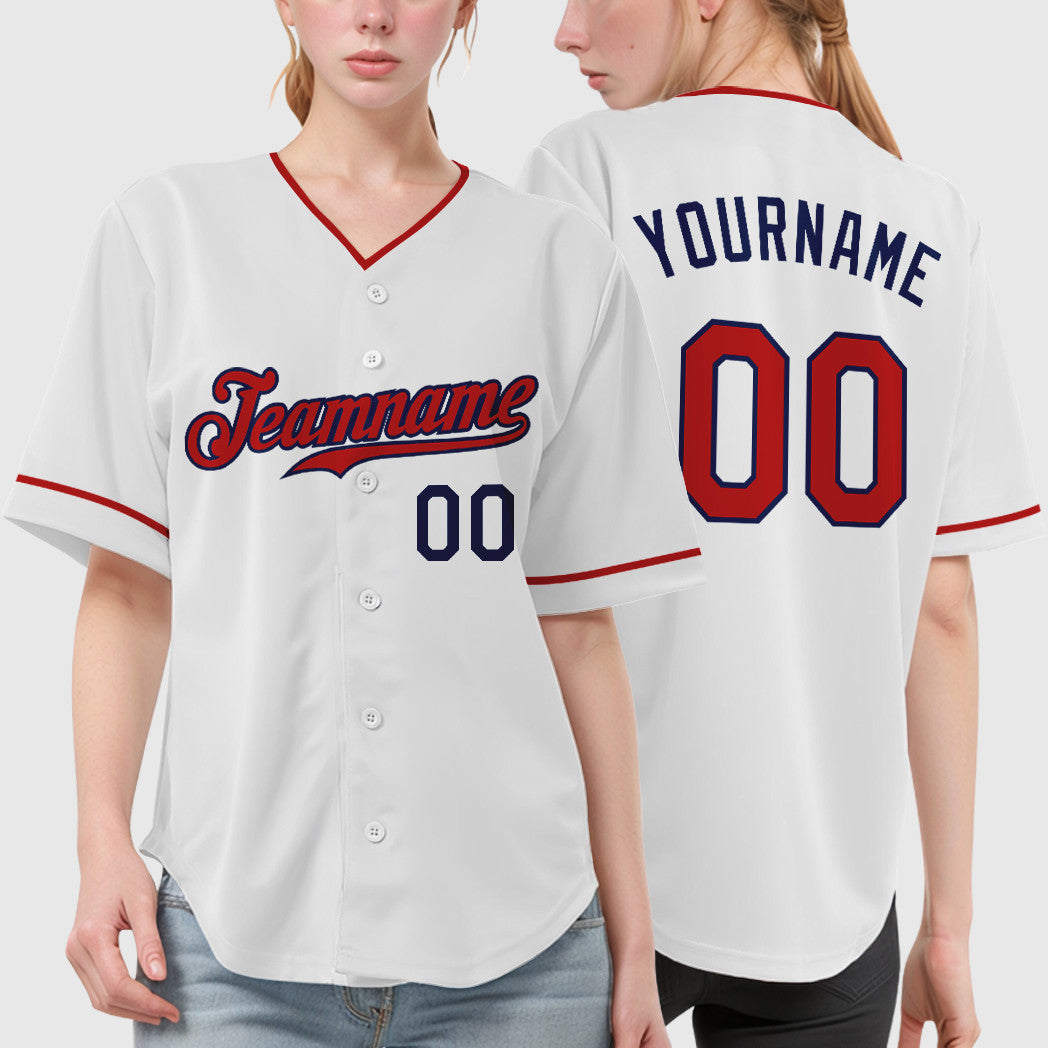 Custom White Navy Red Collar Sleeve Baseball Jersey