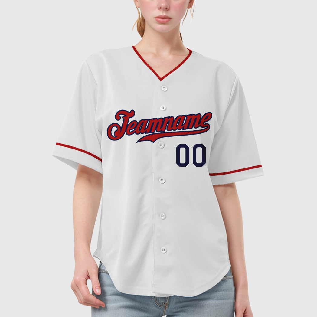 Custom White Navy Red Collar Sleeve Baseball Jersey
