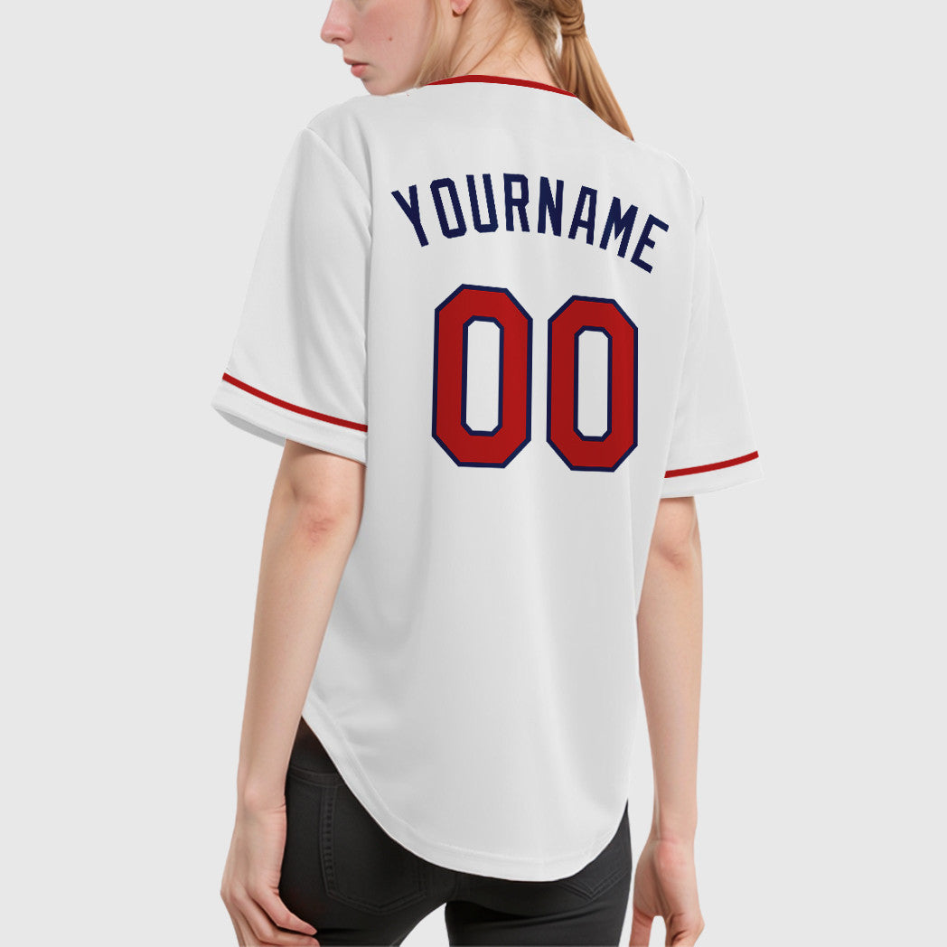 Custom White Navy Red Collar Sleeve Baseball Jersey