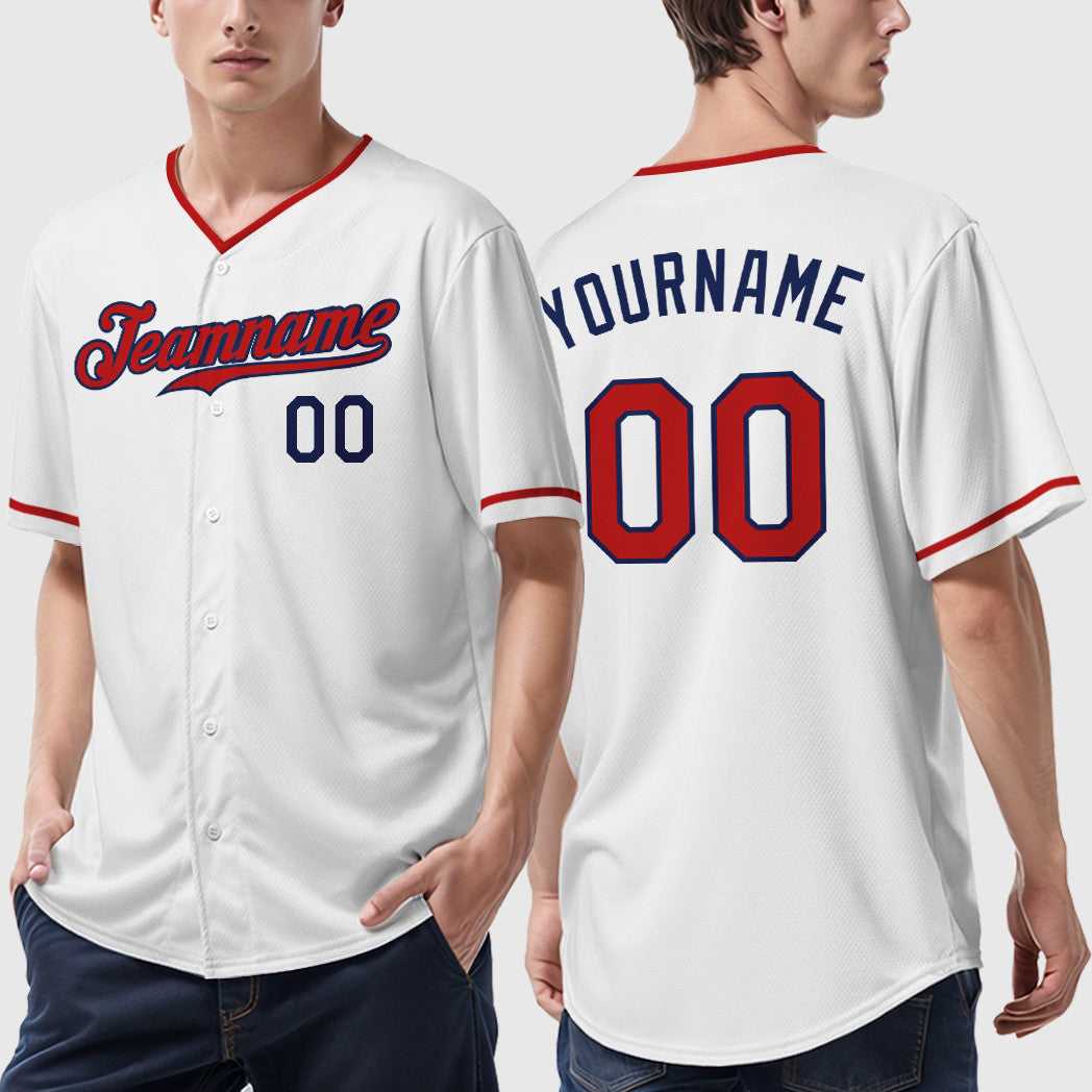 Custom White Navy Red Collar Sleeve Baseball Jersey