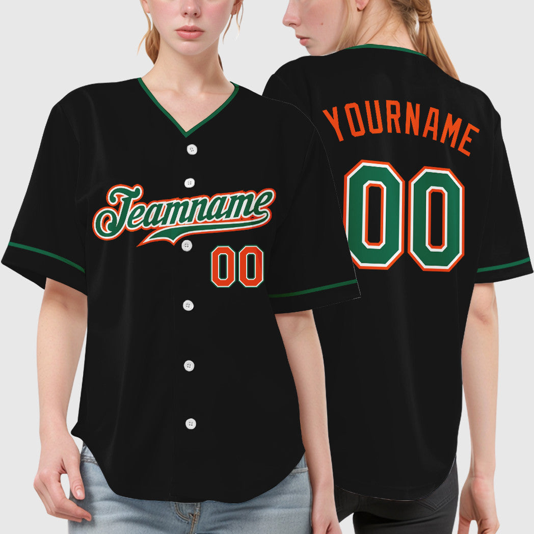 Custom Black Orange Kelly Green-White Collar Sleeve Baseball Jersey