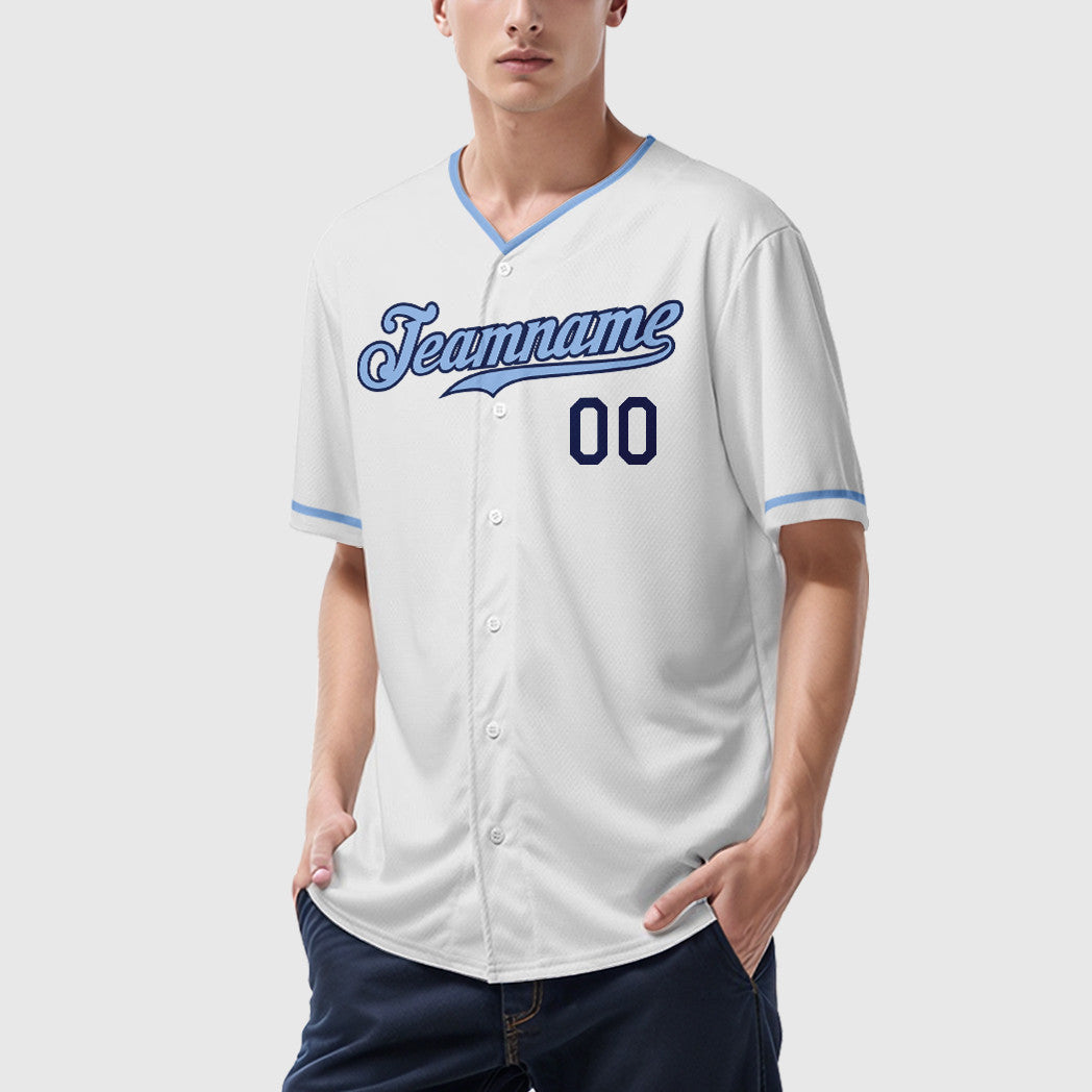 Custom White Navy Light Blue Collar Sleeve Baseball Jersey