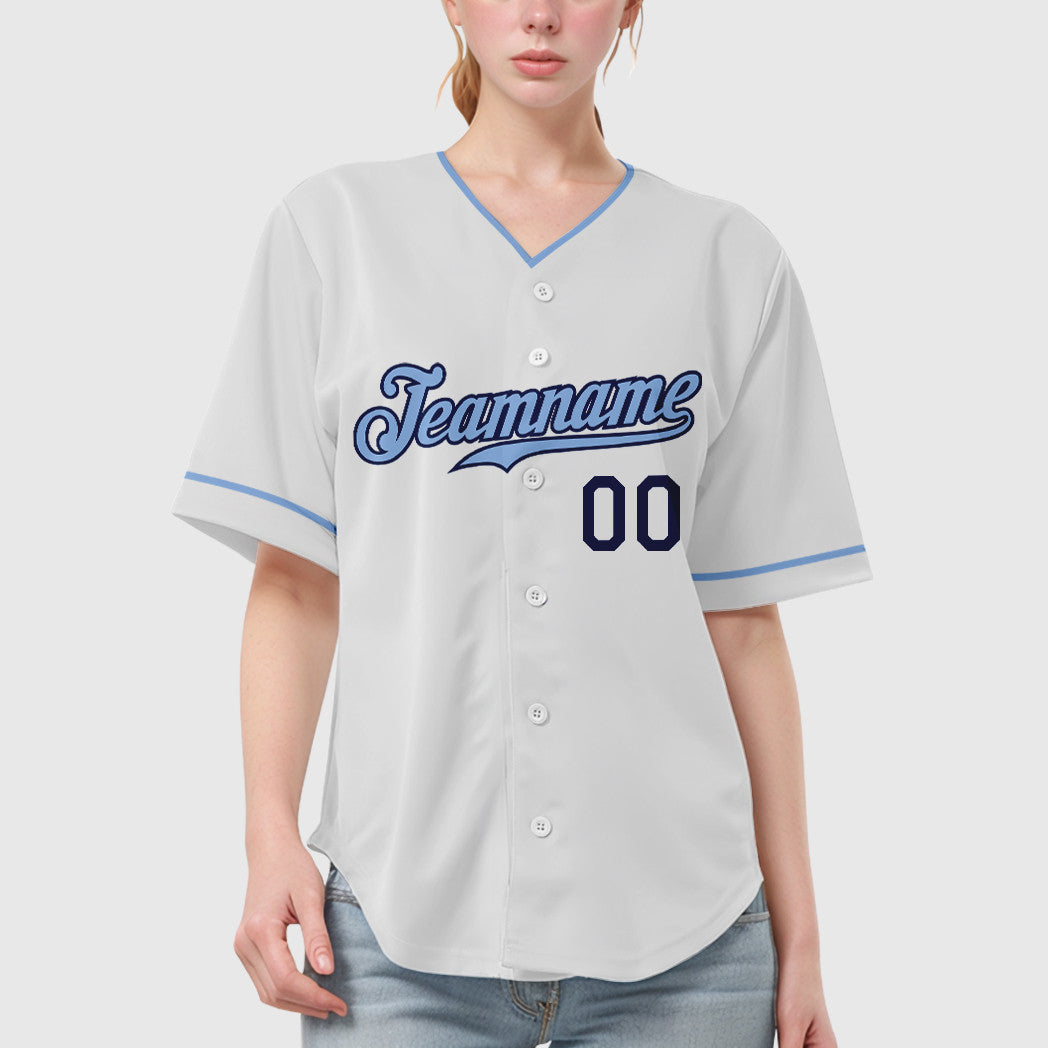Custom White Navy Light Blue Collar Sleeve Baseball Jersey