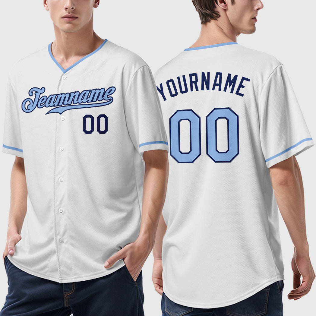 Custom White Navy Light Blue Collar Sleeve Baseball Jersey