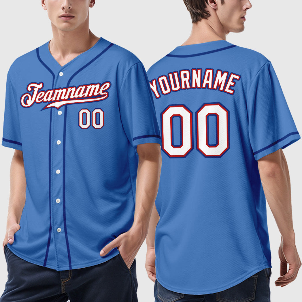 Custom Powder Blue Red White-Royal Sleeve Baseball Jersey