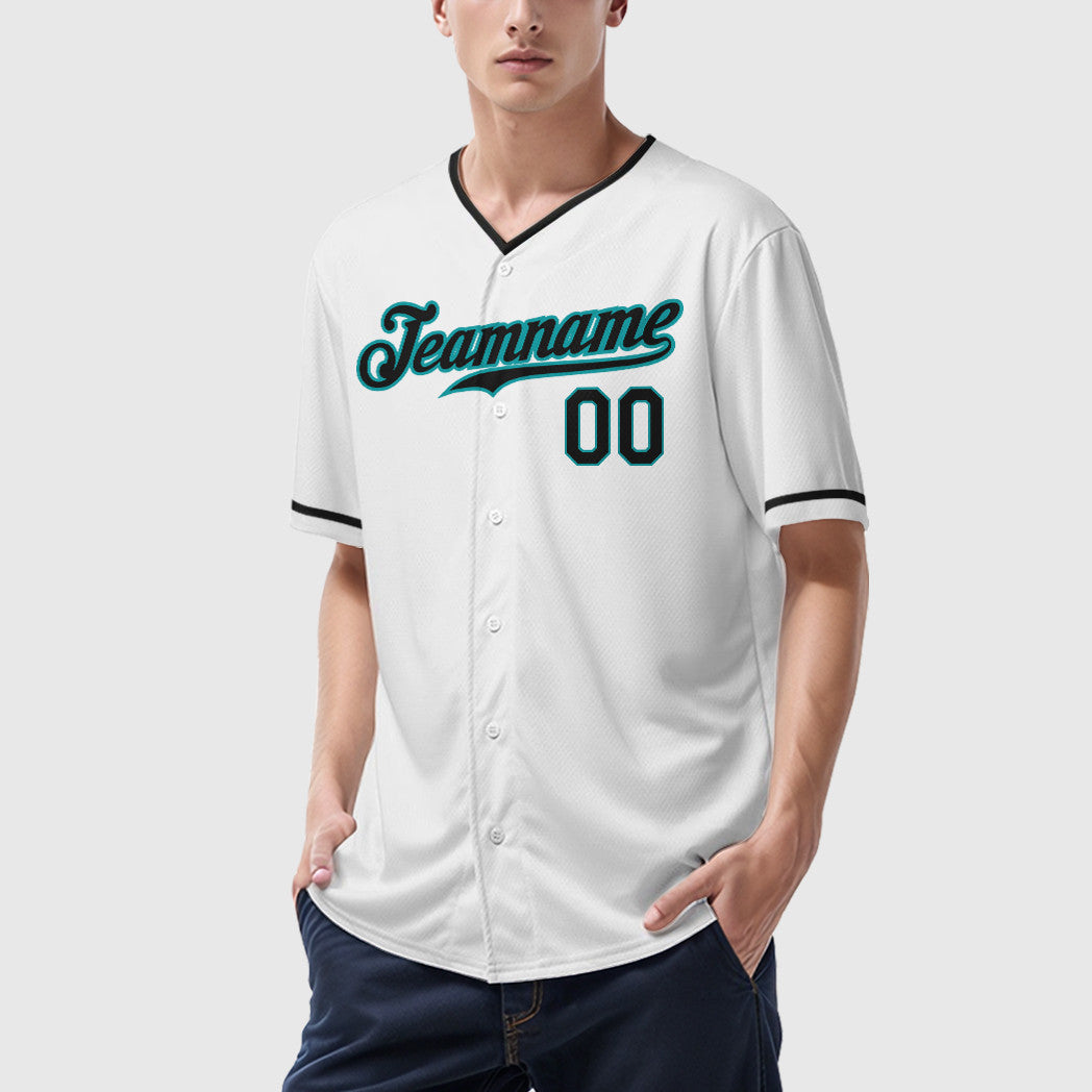 Custom White Teal Black Collar Sleeve Baseball Jersey