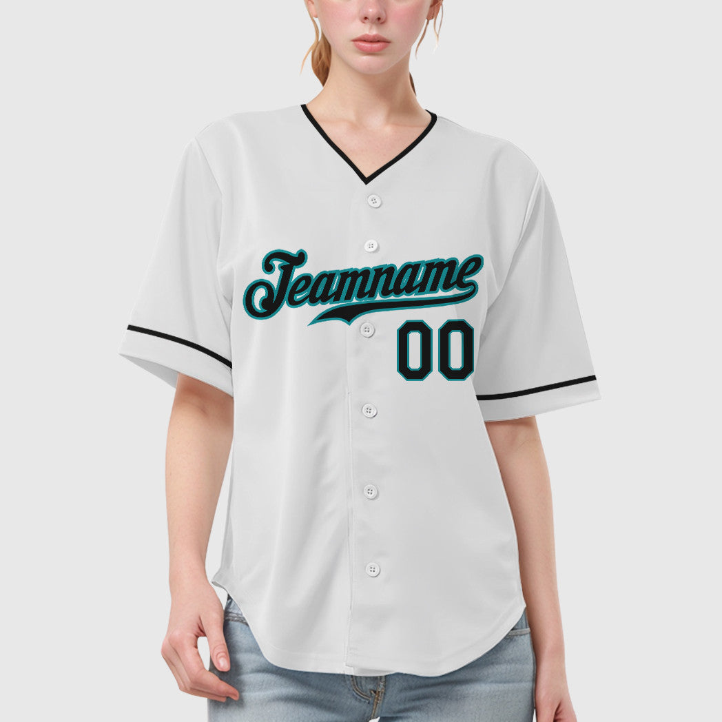 Custom White Teal Black Collar Sleeve Baseball Jersey