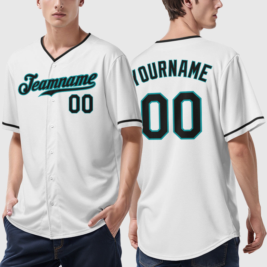 Custom White Teal Black Collar Sleeve Baseball Jersey