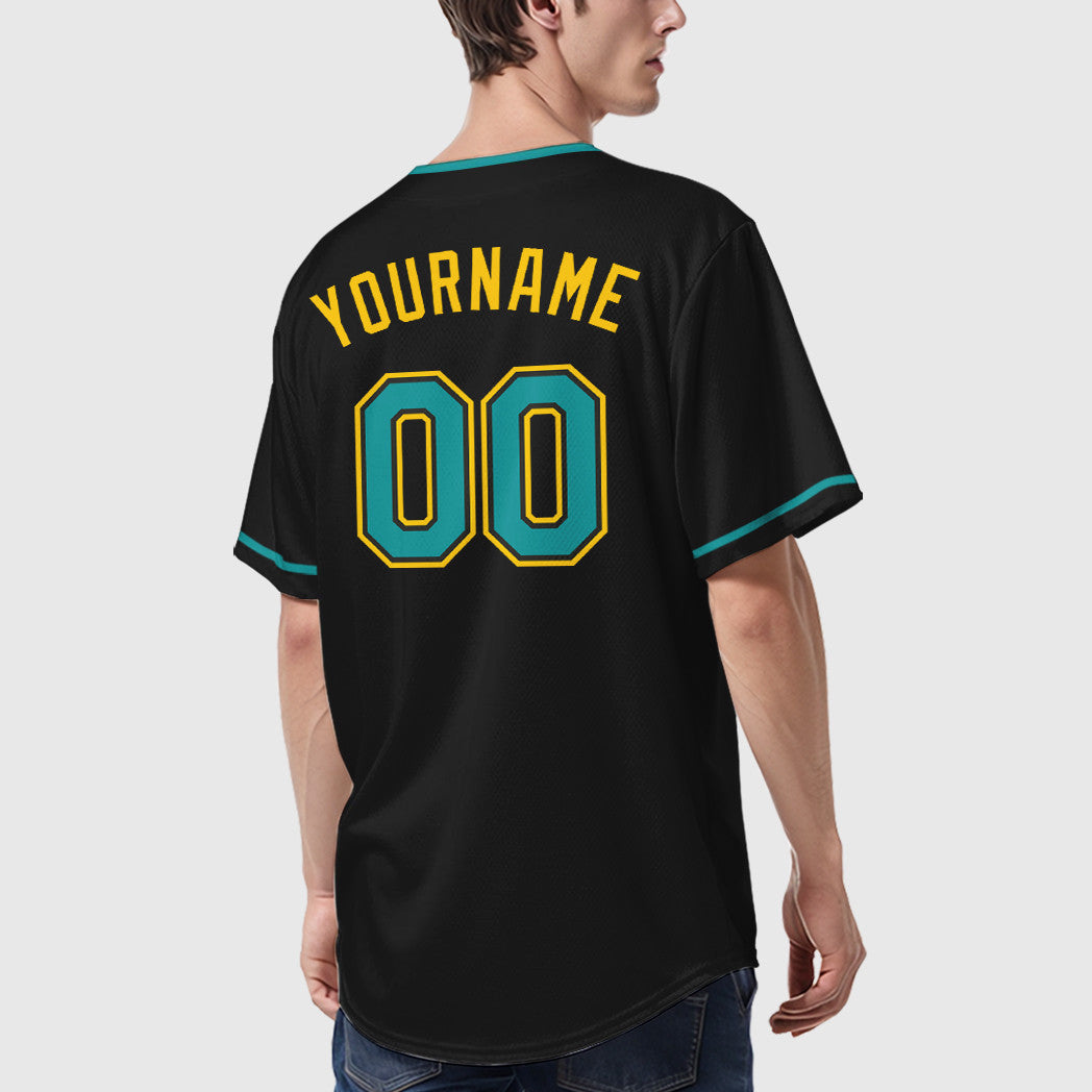 Custom Black Yellow Teal Collar Sleeve Baseball Jersey