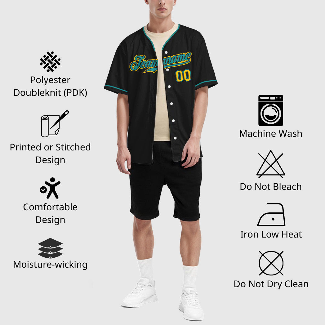 Custom Black Yellow Teal Collar Sleeve Baseball Jersey
