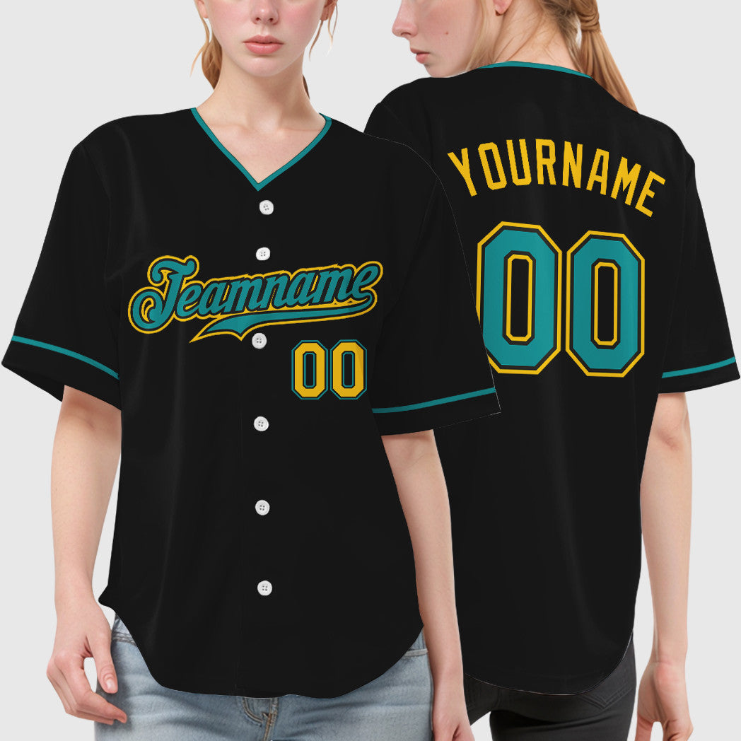 Custom Black Yellow Teal Collar Sleeve Baseball Jersey