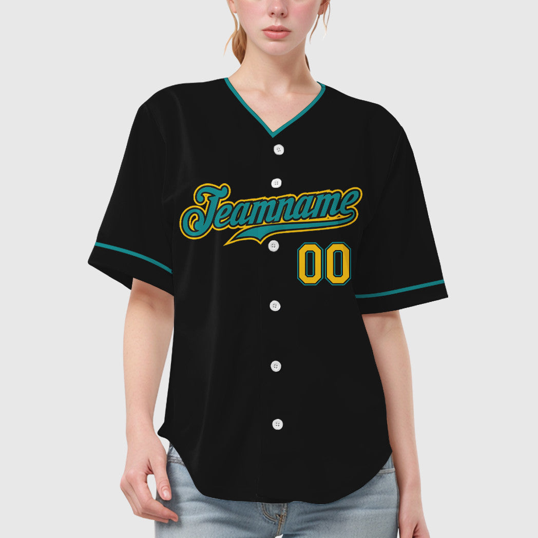 Custom Black Yellow Teal Collar Sleeve Baseball Jersey