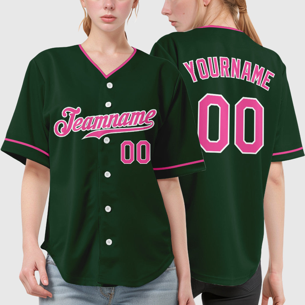 Custom Green White Pink Collar Sleeve Baseball Jersey