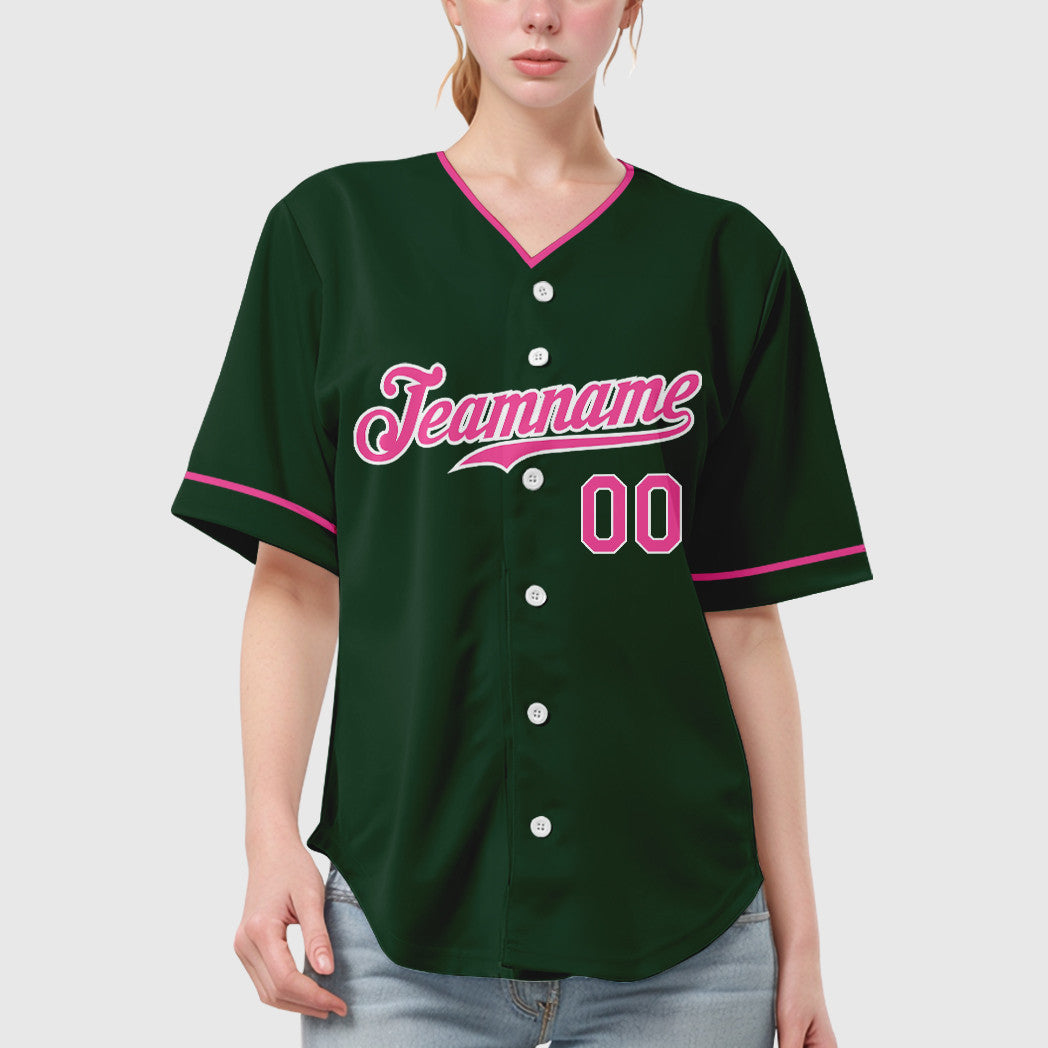 Custom Green White Pink Collar Sleeve Baseball Jersey