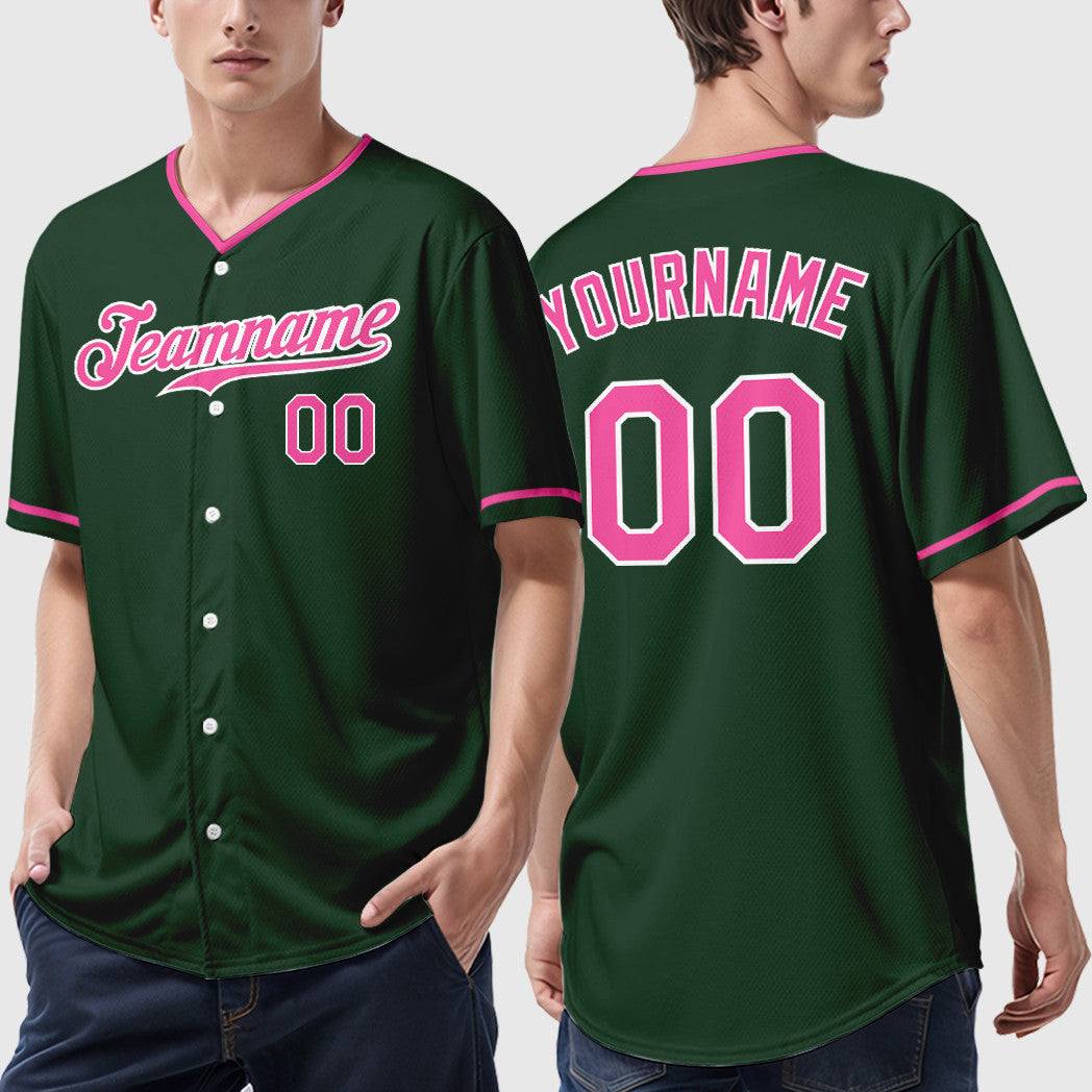 Custom Green White Pink Collar Sleeve Baseball Jersey