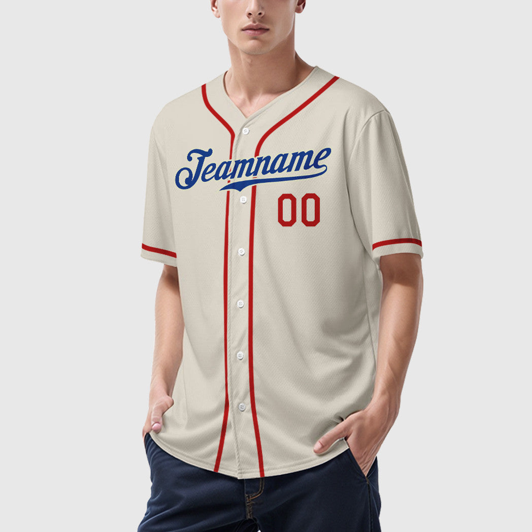 Custom Cream Royal Red Sleeve Baseball Jersey