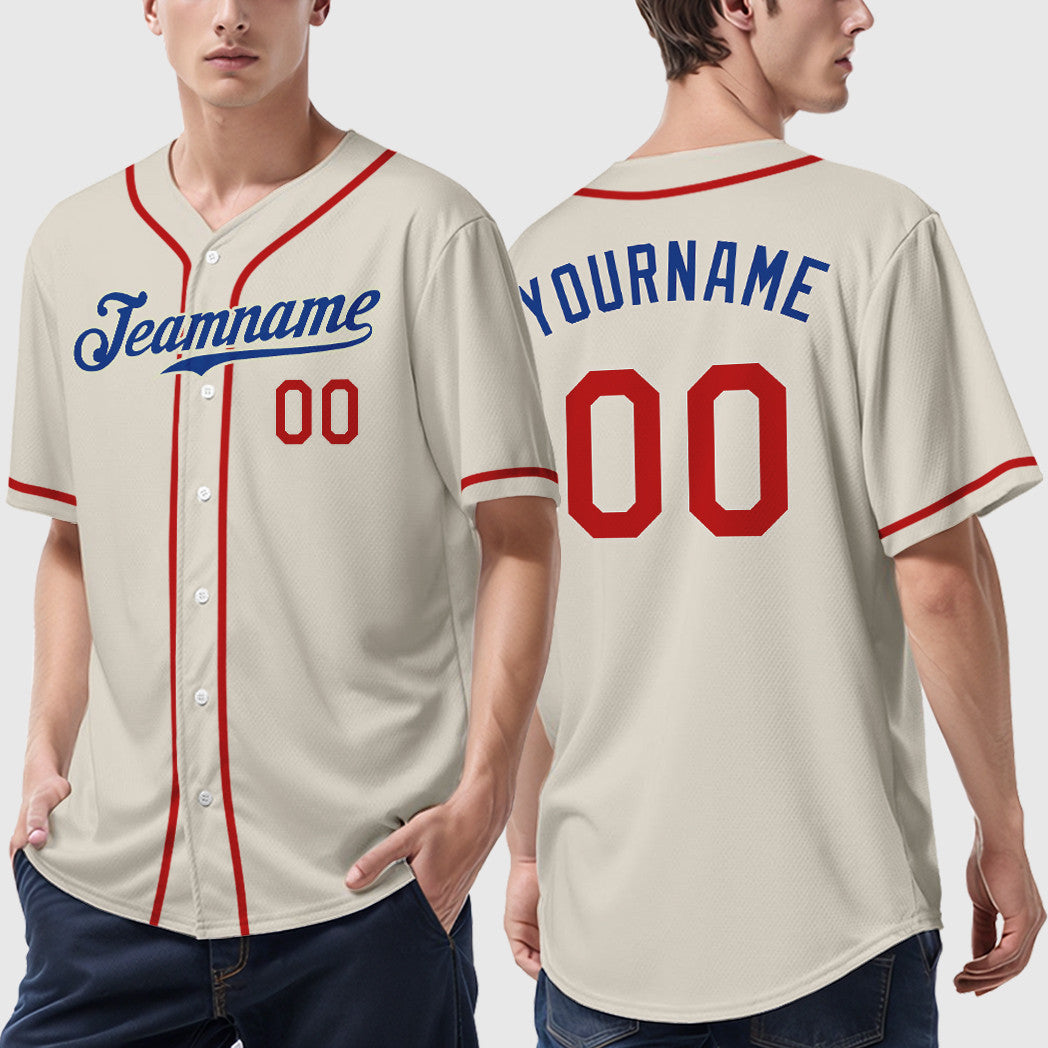 Custom Cream Royal Red Sleeve Baseball Jersey