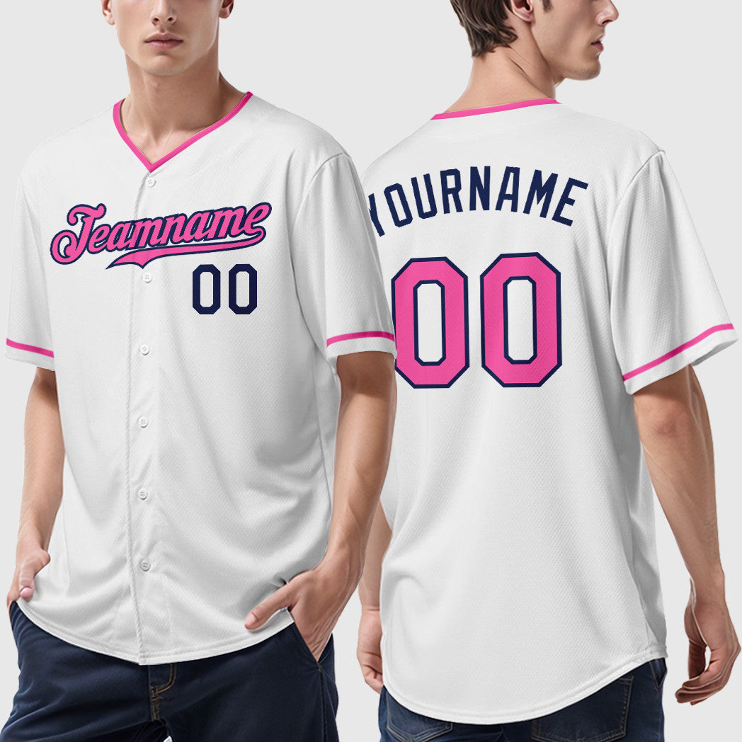 Custom White Navy Pink Collar Sleeve Baseball Jersey