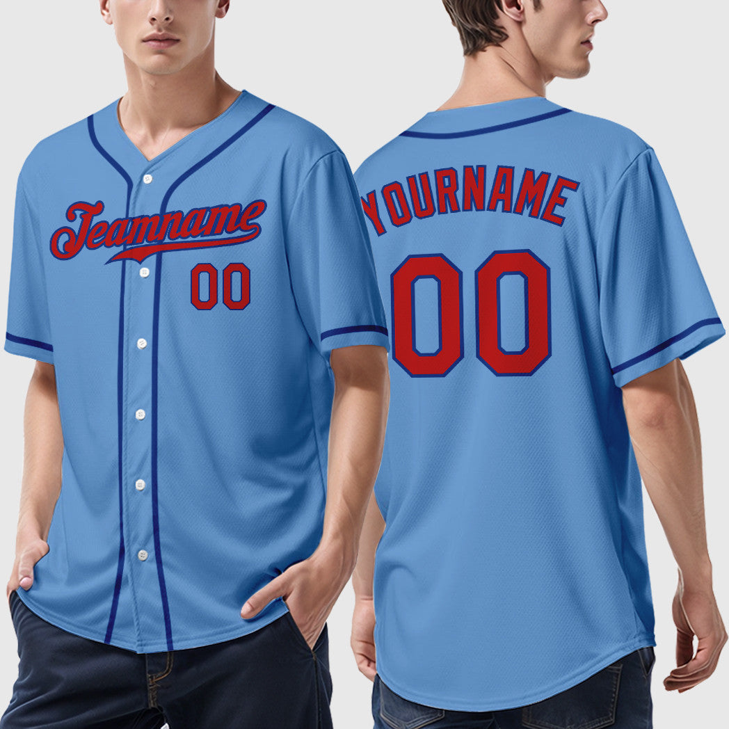 Custom Light Blue Red Royal Sleeve Baseball Jersey