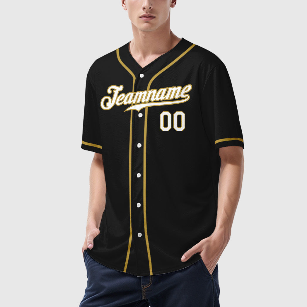 Custom Black White White-Old Gold Sleeve Baseball Jersey