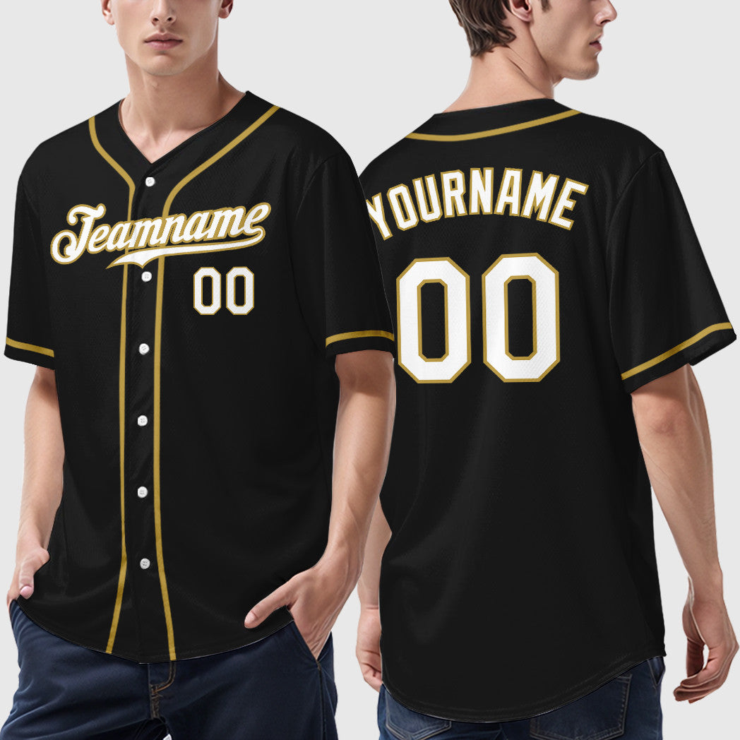 Custom Black White White-Old Gold Sleeve Baseball Jersey