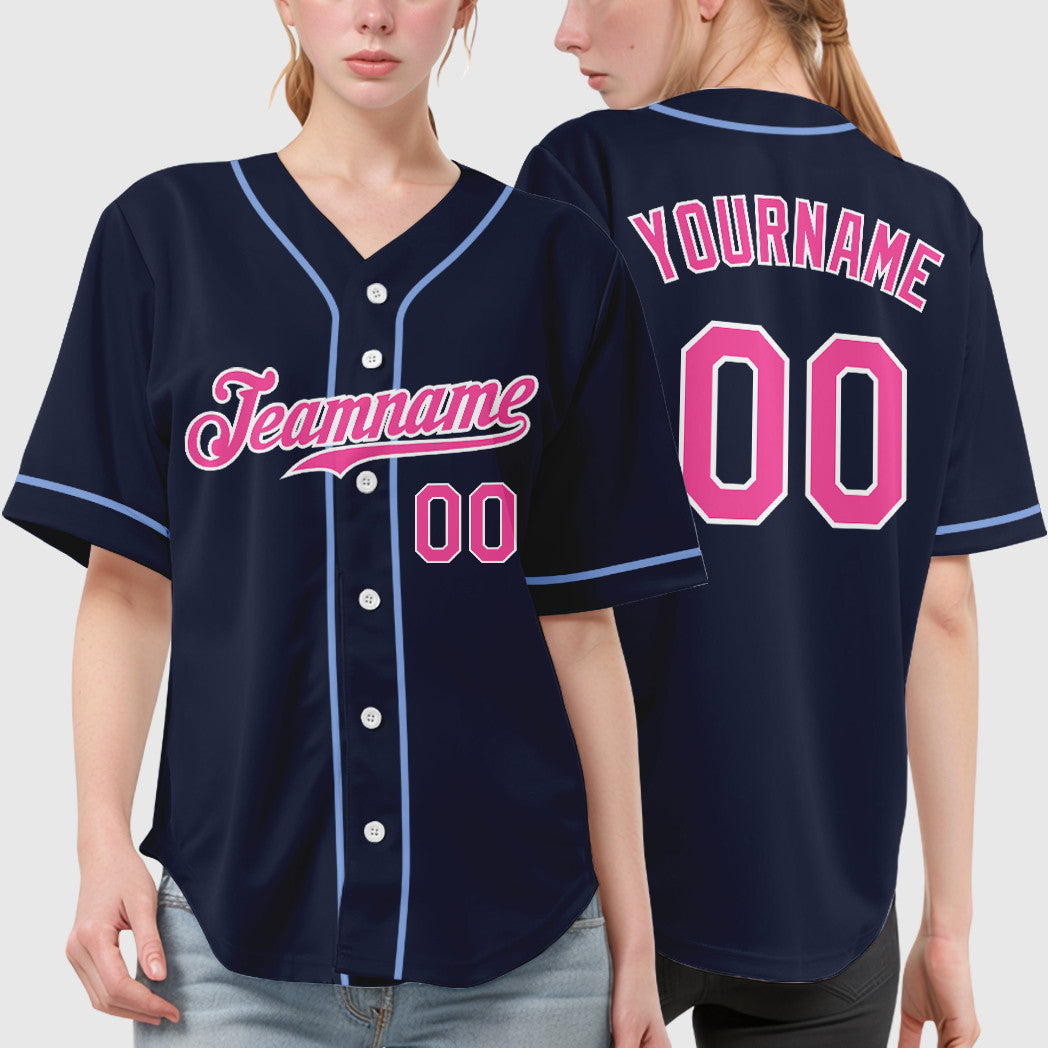 Custom Navy White Pink Sleeve Baseball Jersey