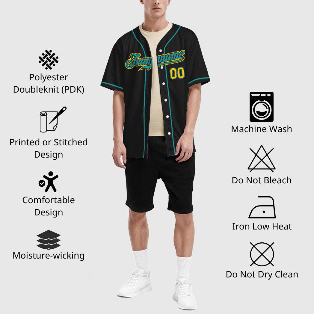 Custom Black Yellow Teal Sleeve Baseball Jersey