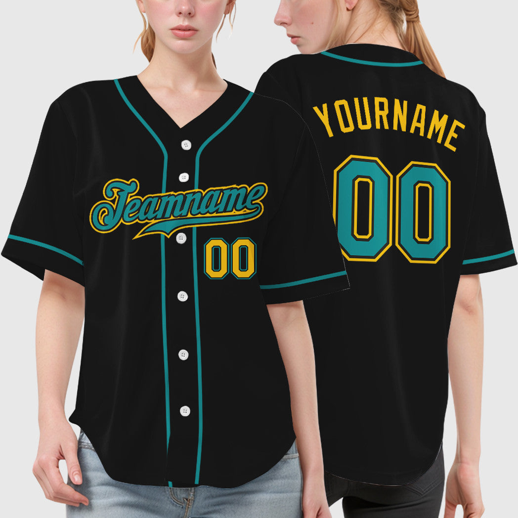 Custom Black Yellow Teal Sleeve Baseball Jersey