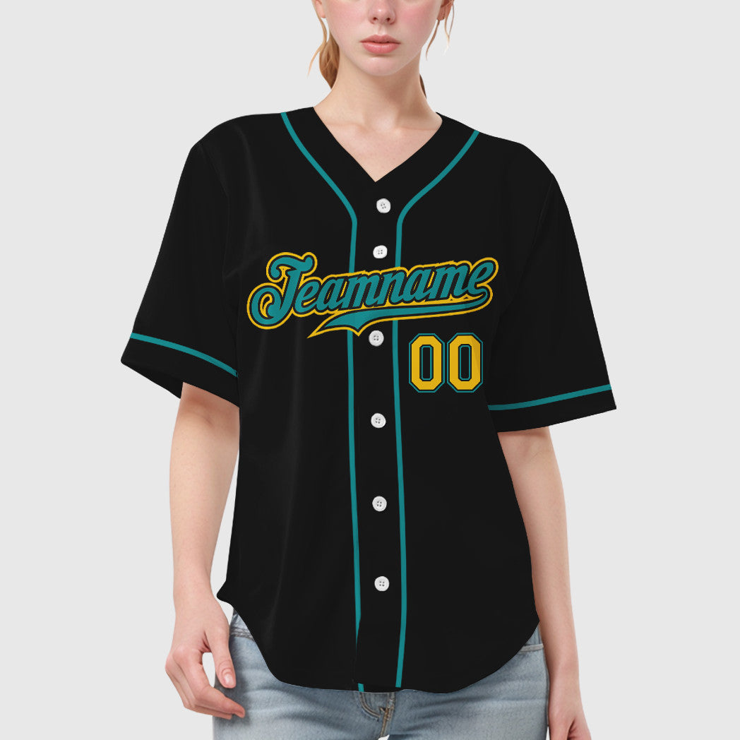 Custom Black Yellow Teal Sleeve Baseball Jersey