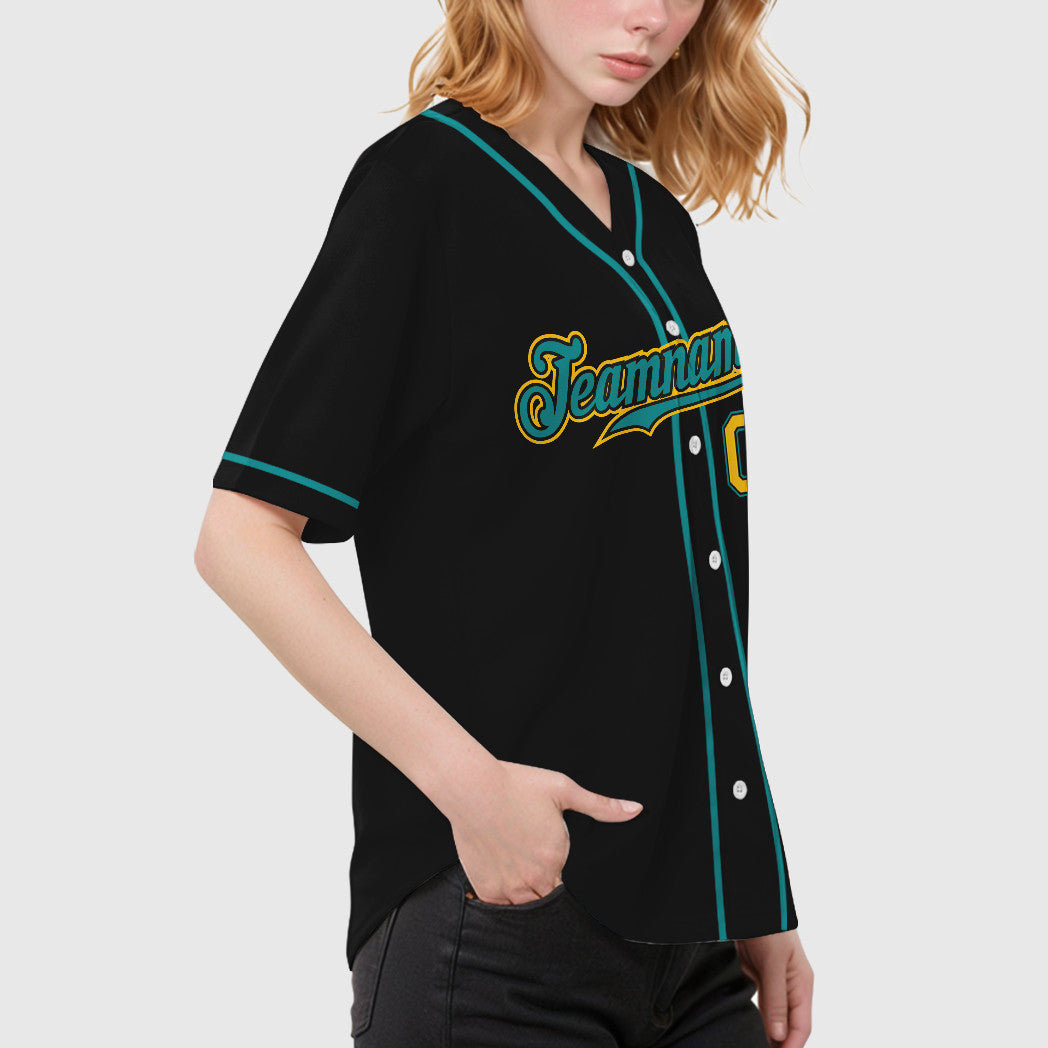 Custom Black Yellow Teal Sleeve Baseball Jersey