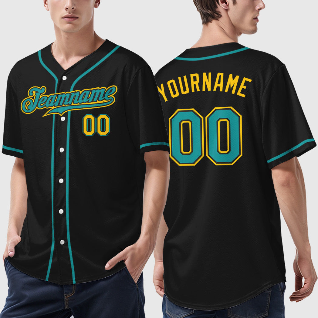 Custom Black Yellow Teal Sleeve Baseball Jersey