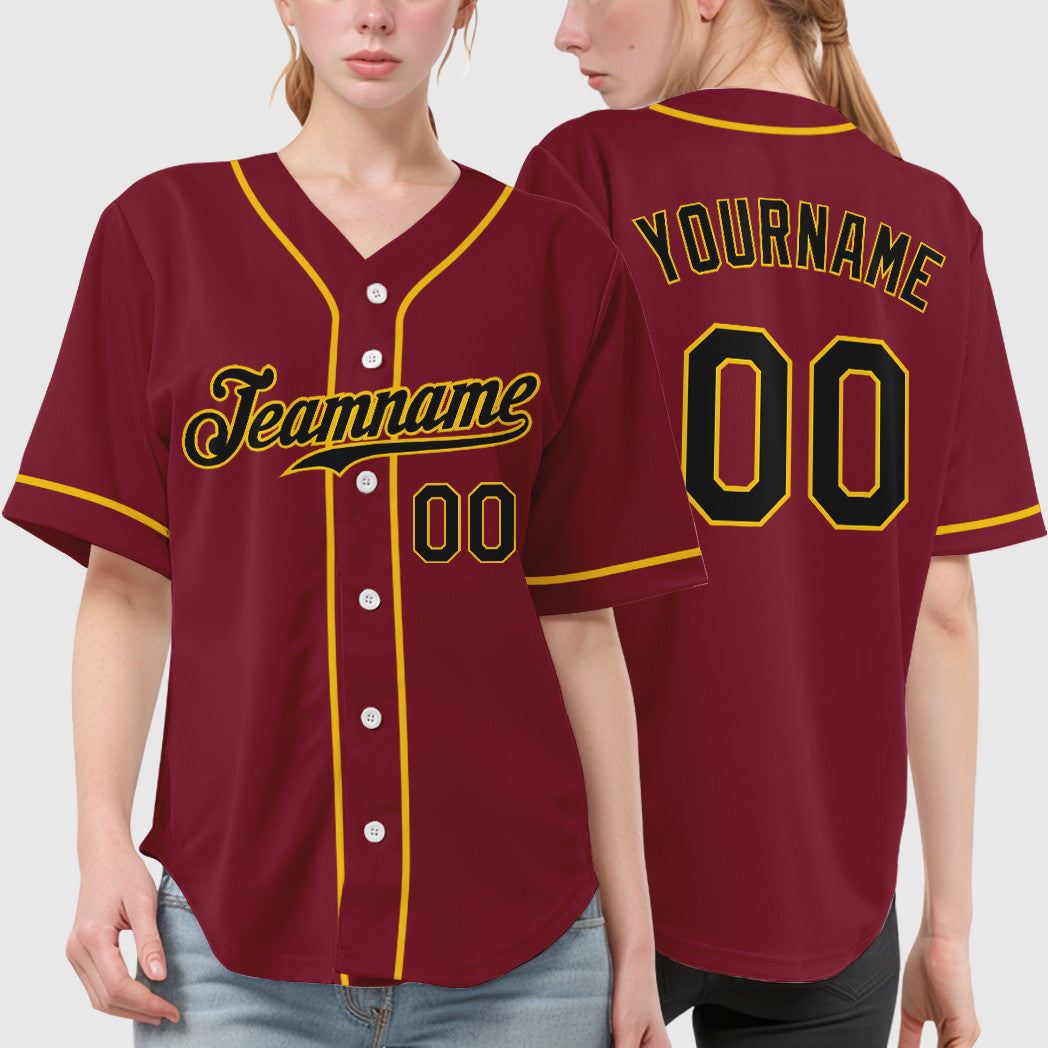 Custom Crimson Black Black-Gold Sleeve Baseball Jersey