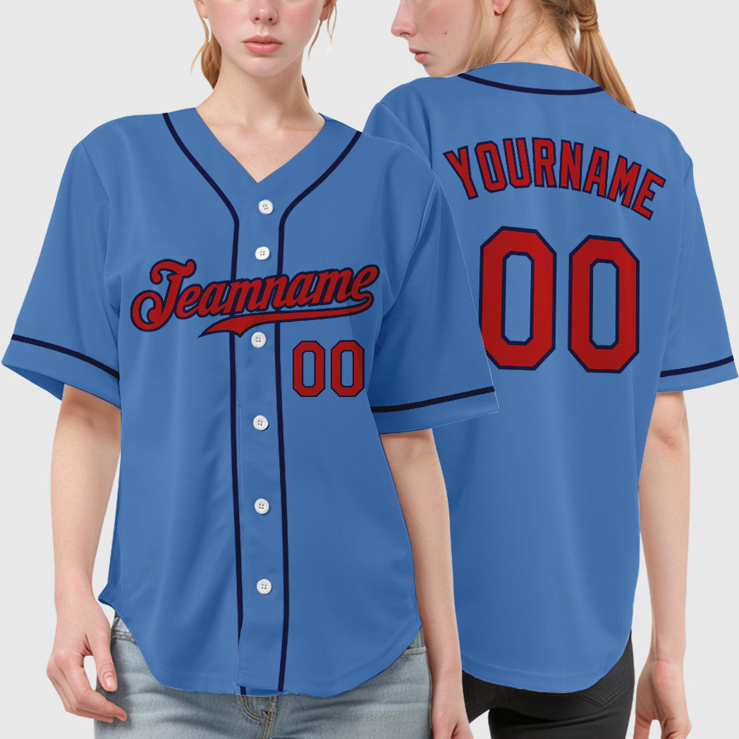 Custom Powder Blue Red Navy Sleeve Baseball Jersey
