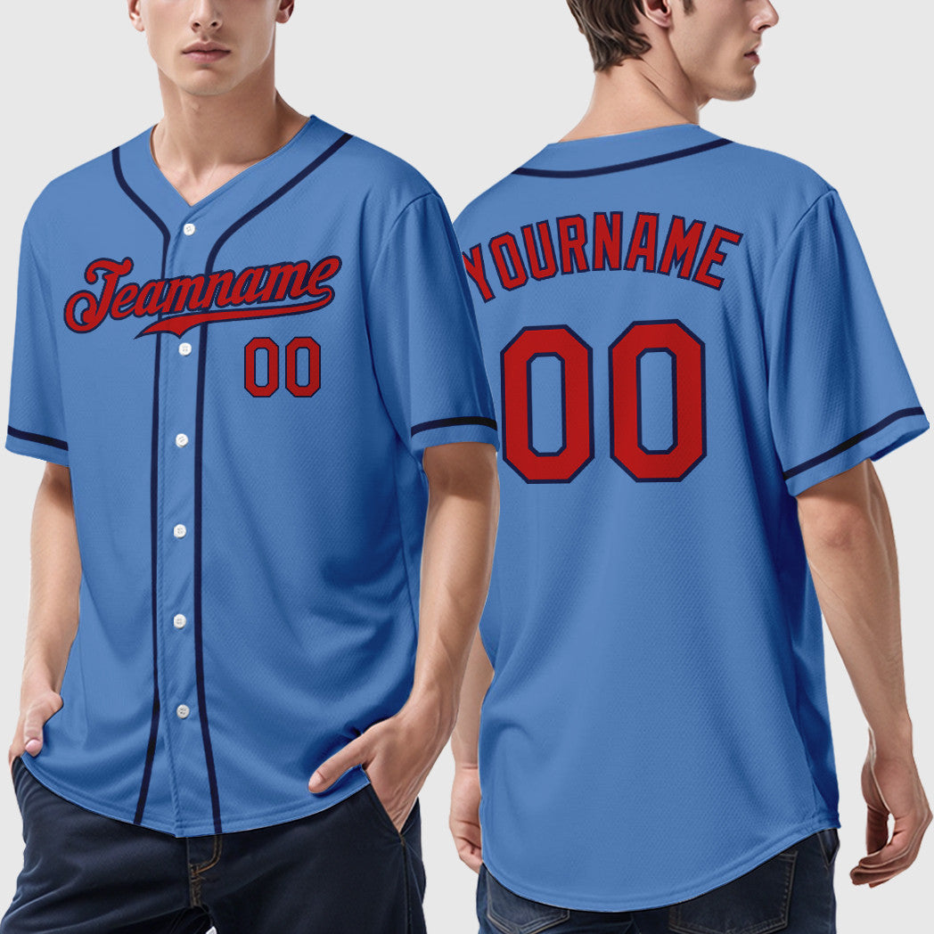 Custom Powder Blue Red Navy Sleeve Baseball Jersey