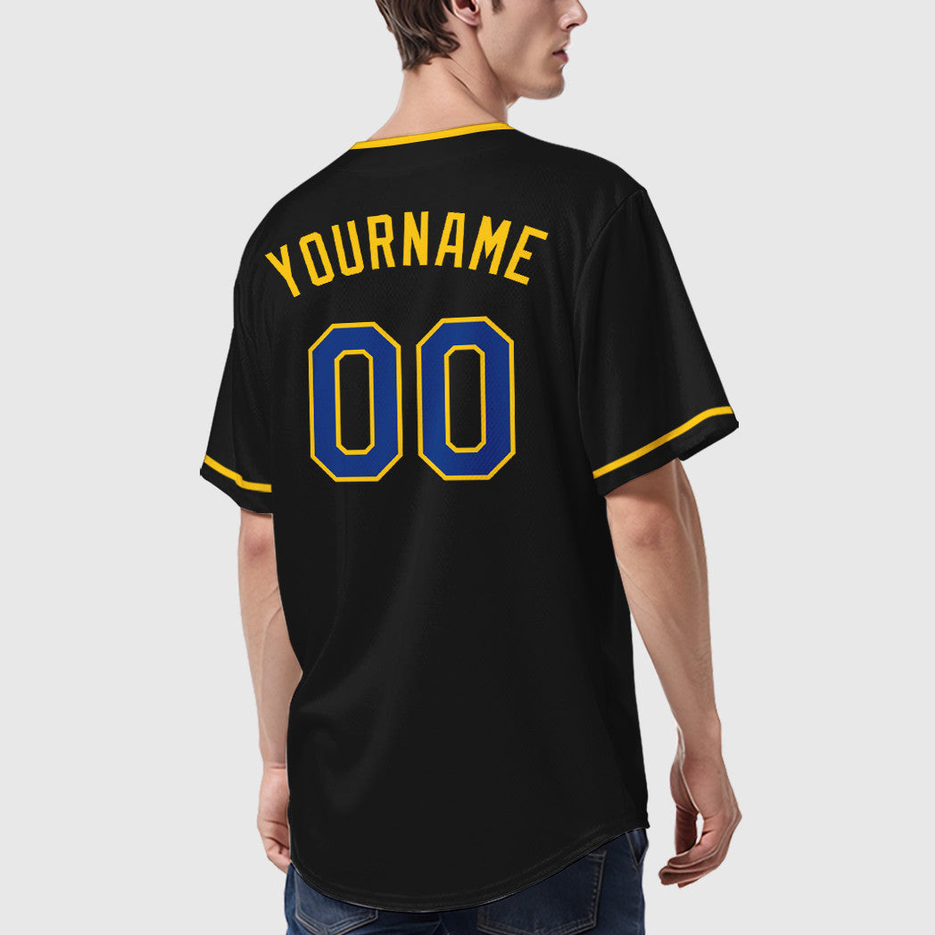 Custom Black Royal Royal-Yellow Collar Sleeve Baseball Jersey