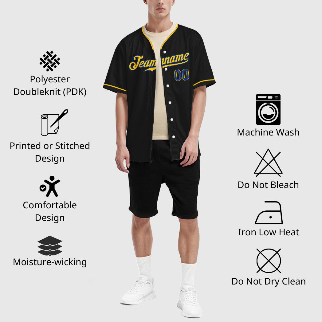 Custom Black Royal Royal-Yellow Collar Sleeve Baseball Jersey