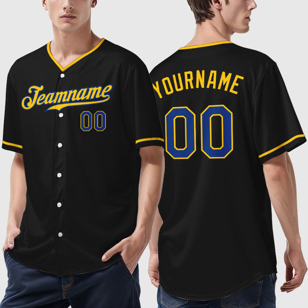 Custom Black Royal Royal-Yellow Collar Sleeve Baseball Jersey