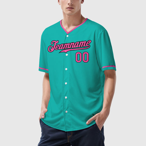 Custom Aqua White Pink-Black Collar Sleeve Baseball Jersey