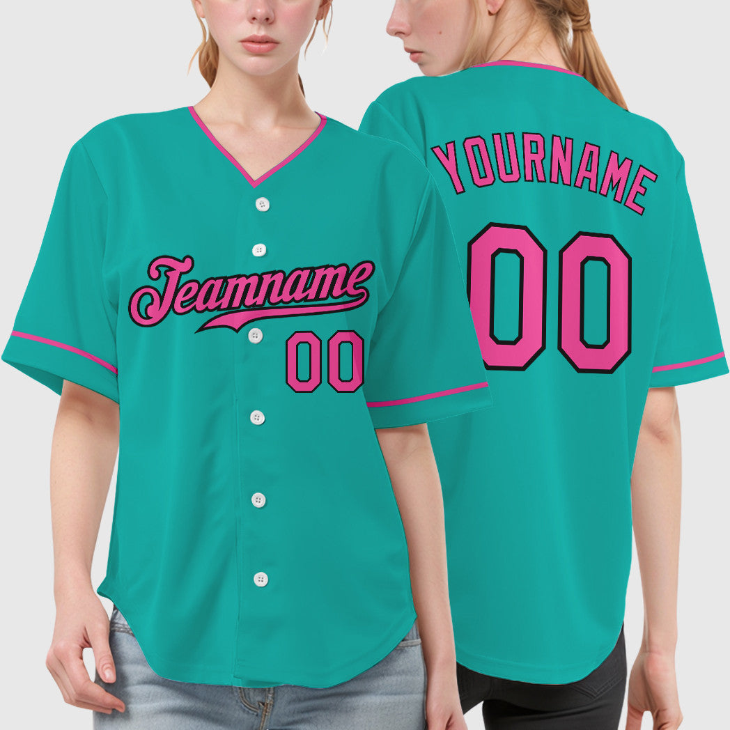 Custom Aqua White Pink-Black Collar Sleeve Baseball Jersey