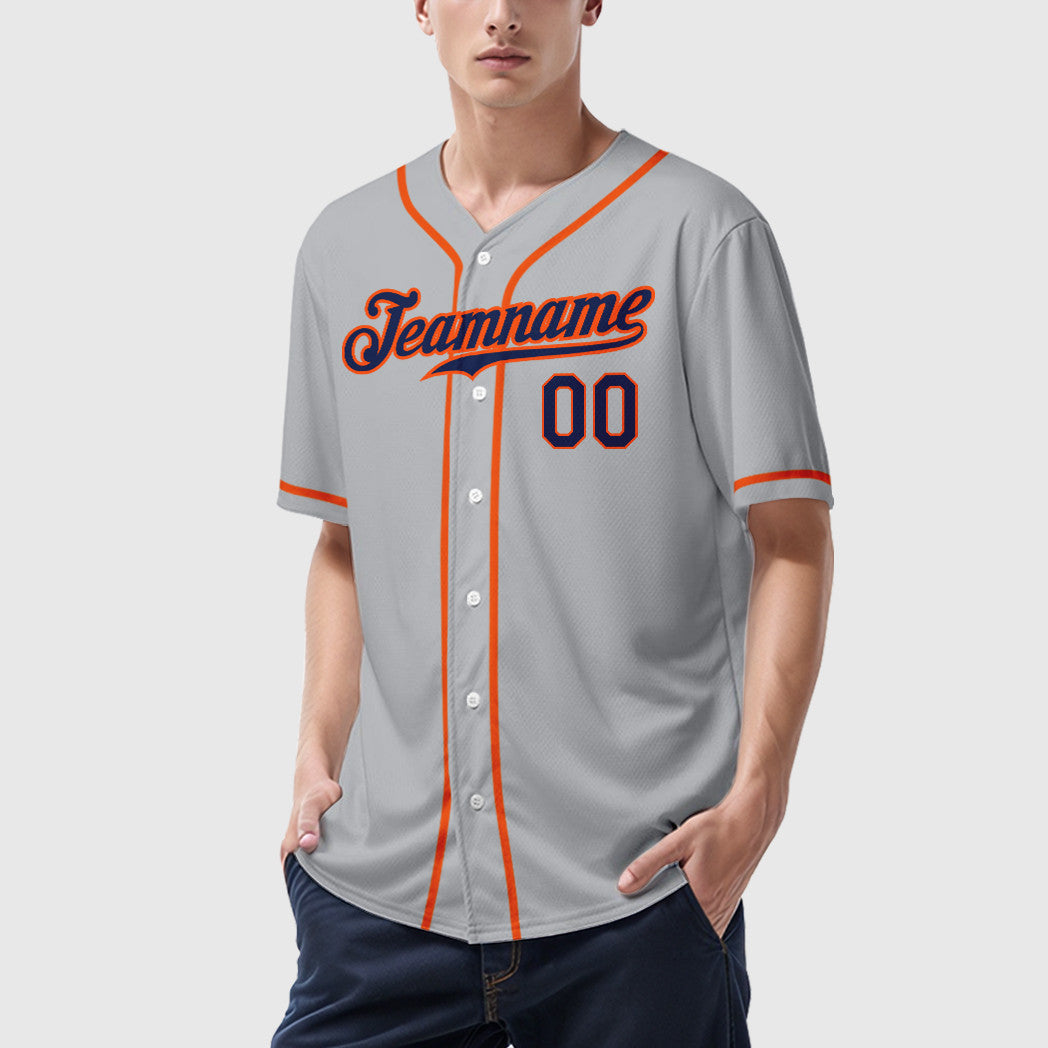 Custom Gray Navy Orange Sleeve Baseball Jersey