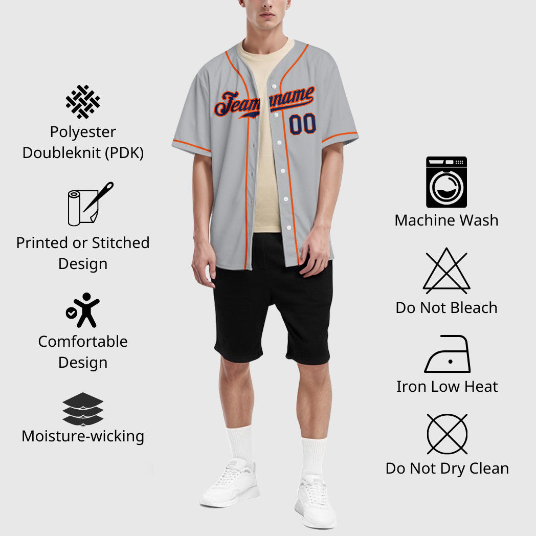 Custom Gray Navy Orange Sleeve Baseball Jersey