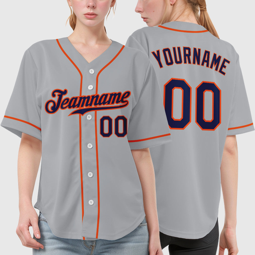 Custom Gray Navy Orange Sleeve Baseball Jersey