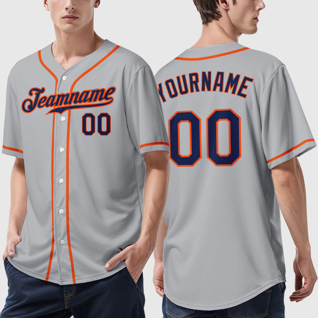 Custom Gray Navy Orange Sleeve Baseball Jersey