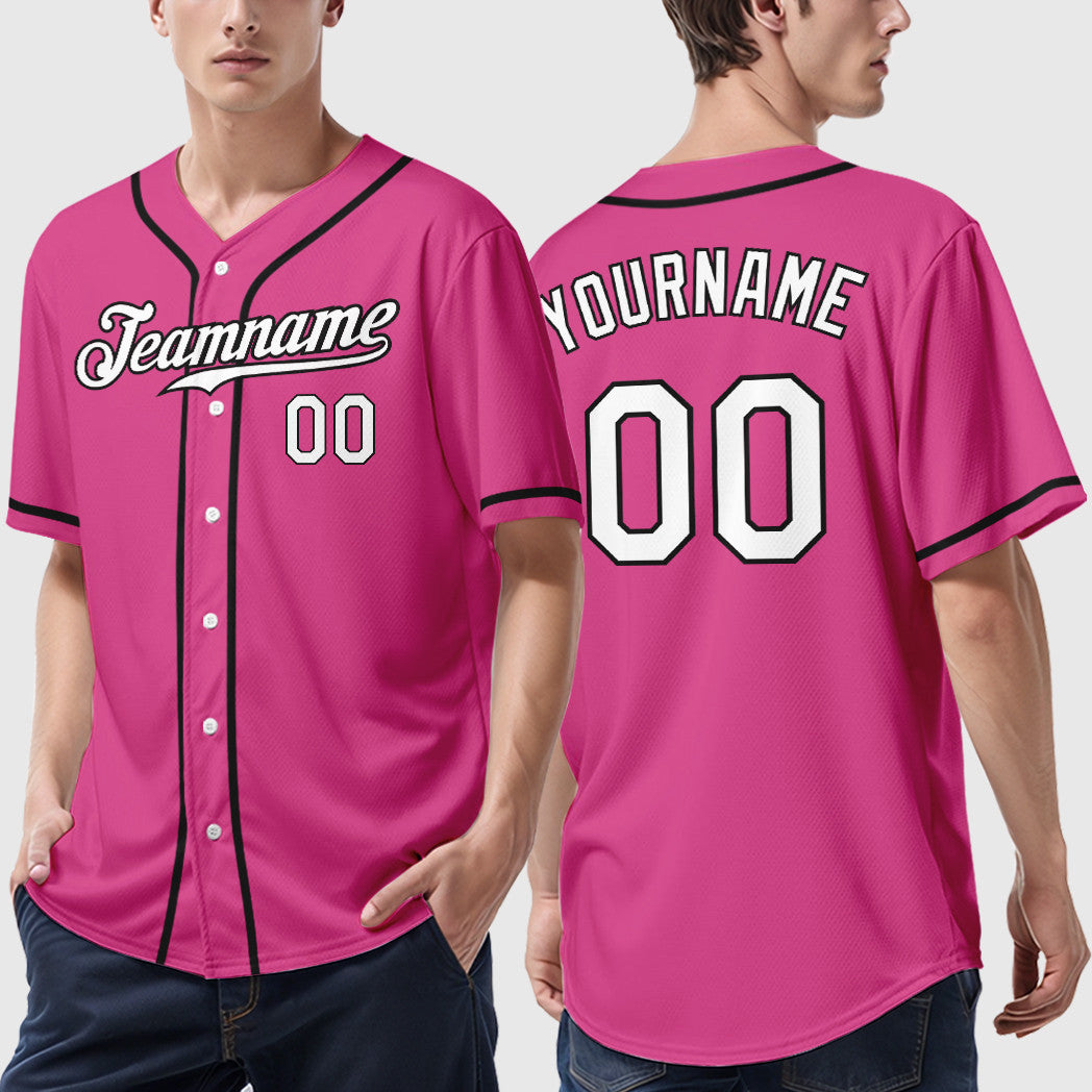 Custom Pink White White-Black Sleeve Baseball Jersey
