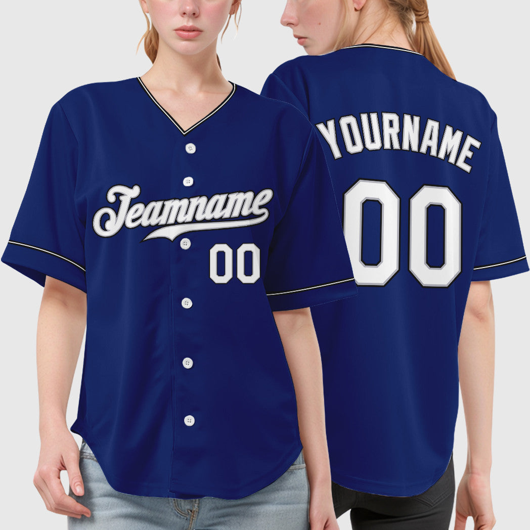 Custom Royal White White Gray-Black Collar Sleeve Baseball Jersey