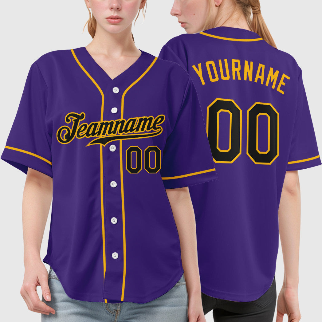 Custom Purple Black Black-Gold Sleeve Baseball Jersey