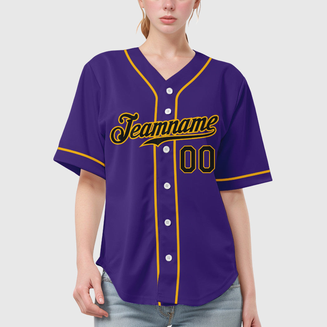 Custom Purple Black Black-Gold Sleeve Baseball Jersey