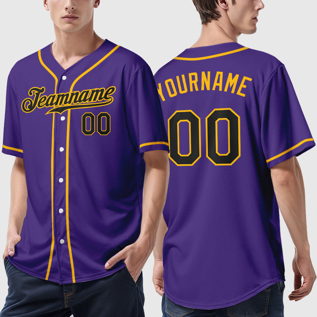Custom Purple Black Black-Gold Sleeve Baseball Jersey