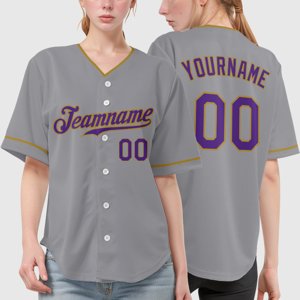 Custom Gray Purple Old Gold Collar Sleeve Baseball Jersey