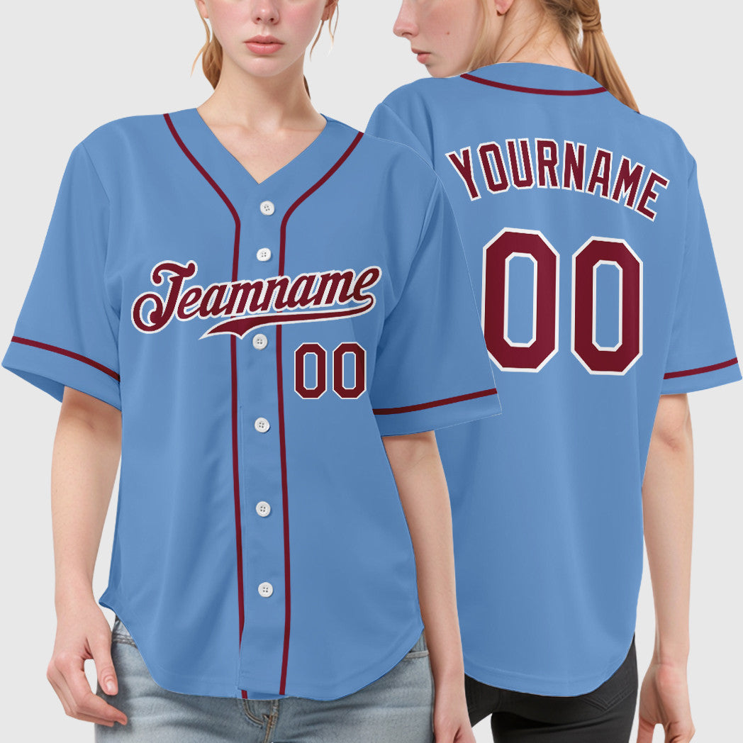Custom Light Blue White Crimson Sleeve Baseball Jersey